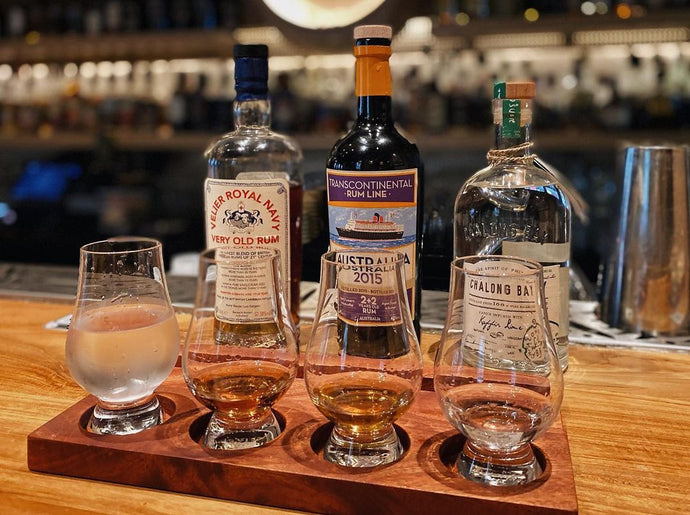 Rum flight at Lime House Asia - Velier Royal Navy Very Old Rum, Transcontinental Rum Line (TCRL) Australia 2015, Chalong Bay Kaffir Lime Rum