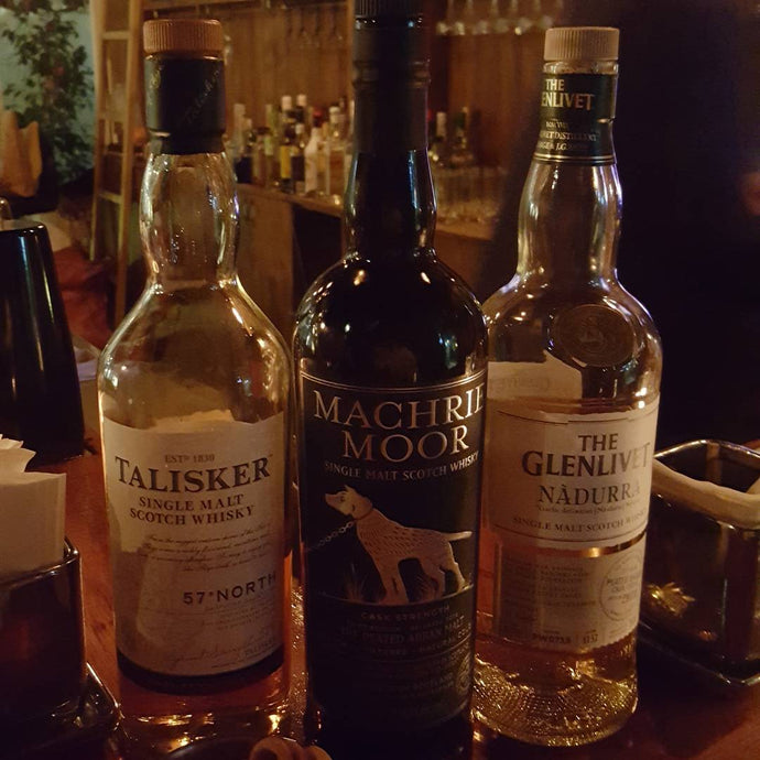 Glenlivet Nàdurra peated cask strength, Machrie Moor cask strength, Talisker 57° North