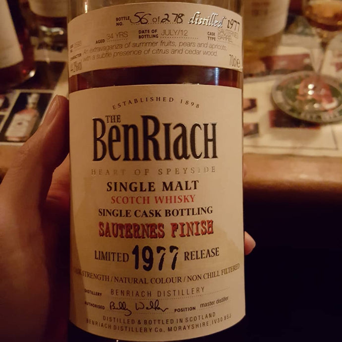 BenRiach 1977 Sauternes Finish, 34 years, Sauternes Barrel No. 2593, 56/278, 44.2% abv.