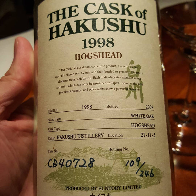 Hakushu, 1998-2008, Hogshead, Location 21-11-5, White Oak Hogshead Cask No. CD40728, 109/246, 56% abv.