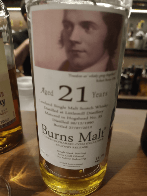 Round of Malts at Swan Song Bar: Littlemill 1990, The Whisky Barrel; "Glenhaven" Glenkinchie 1978; Tormore 1988, Golden Cask Series; Tormore 1995, Le Gus't; Cooley 2014, Whisky Age