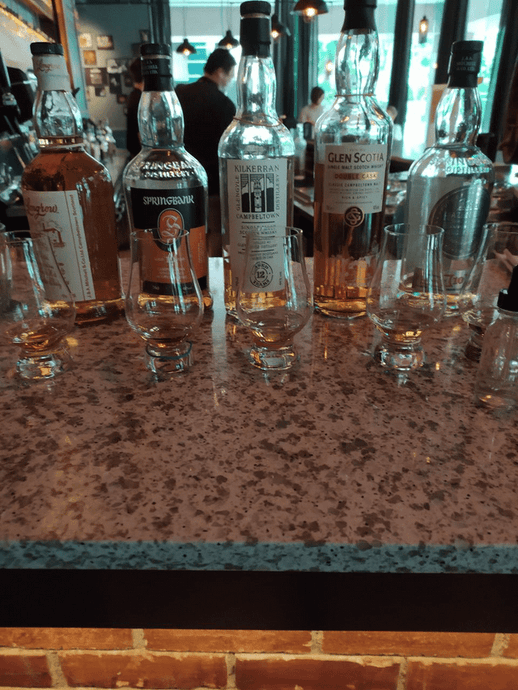 Five Campbeltown Malts: Hazelburn 10 Year Old, 46% ABV; Glen Scotia Double Cask, 46% ABV; Kilkerran 12 Year Old, 46%; Springbank 10 Year Old, 46% ABV; Longrow NAS, 46%